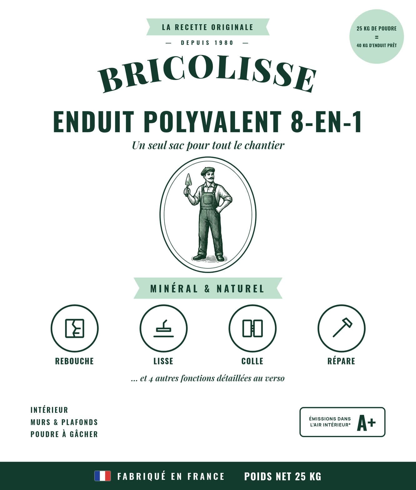 Face avant du sac Bricolisse de 25 kg : enduit polyvalent 8-en-1, minéral et naturel, fabriqué en France.
