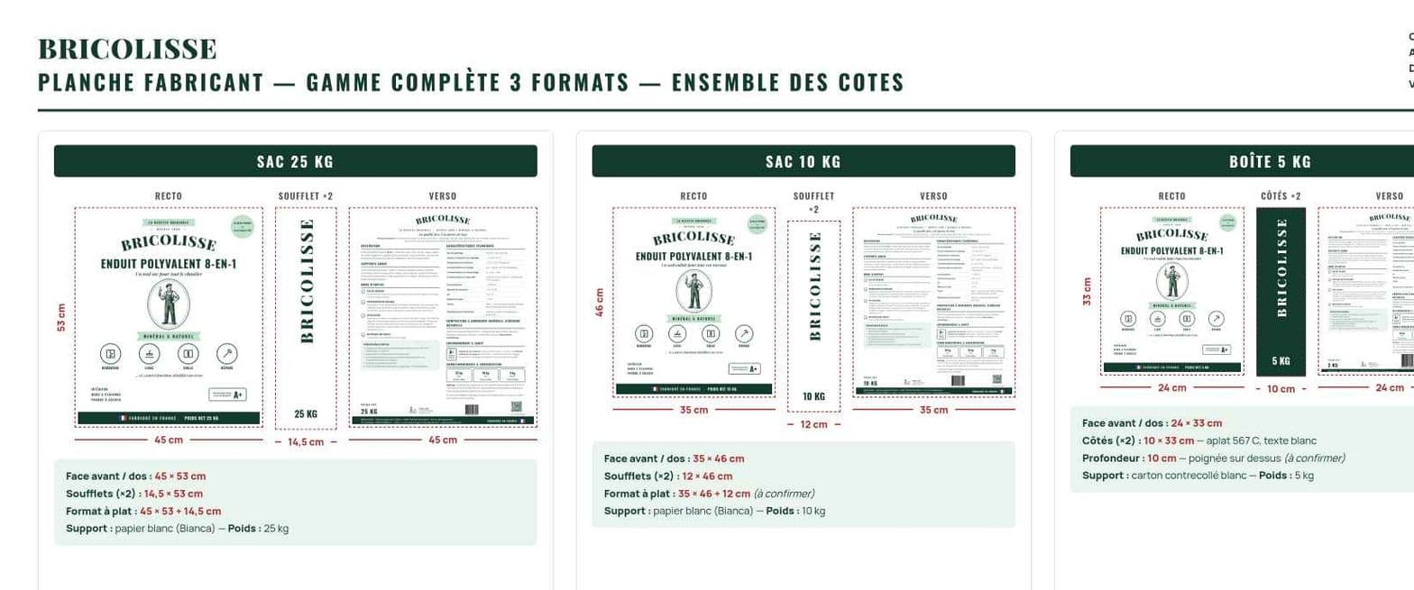 Planche fabricant Bricolisse : les trois conditionnements de la gamme — sac 25 kg, sac 10 kg et boîte 5 kg — présentés recto, soufflets et verso, avec leurs cotes d'emballage en centimètres.
