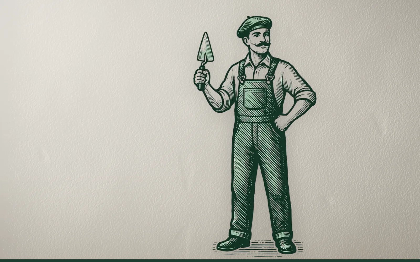 Le compagnon Bricolisse, sa truelle à la main, devant un mur intérieur en cours d’enduit.